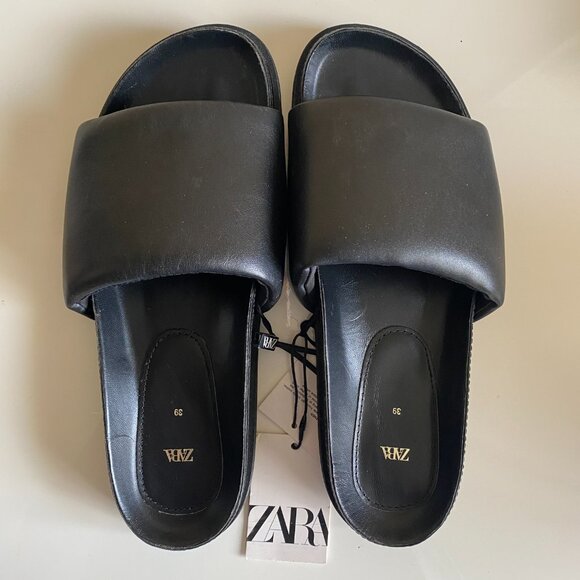 Zara Genuine Black Leather Padded Flat Sandals - Picture 5 of 5